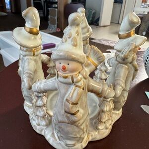 Source Unknown Snowman Candle Holder with Gold and White Accents